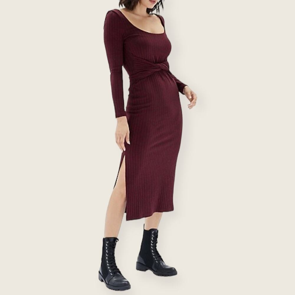 NWT | MinkPink | Nora Tie Waist Long Sleeve Midi Dress | Burgundy | XS